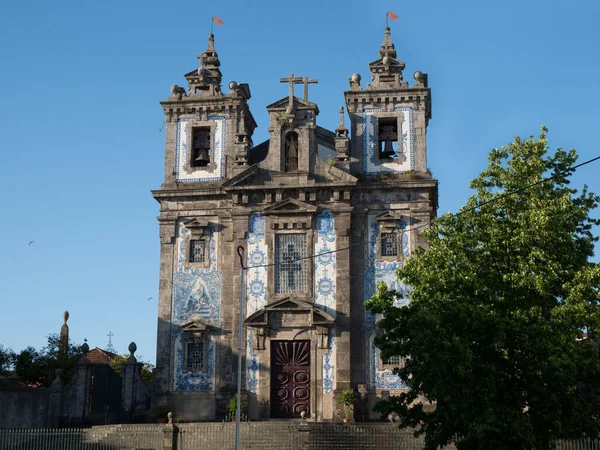 Antigua Iglesia Piedra Oporto Portugal Con Azulejos Azules Tradicionales Exterior — Foto de Stock