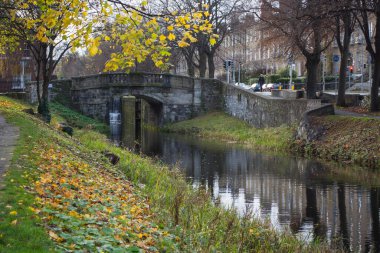 Dublin 'de Büyük Kanal, Sonbaharda İrlanda' da eski taş köprüsü.