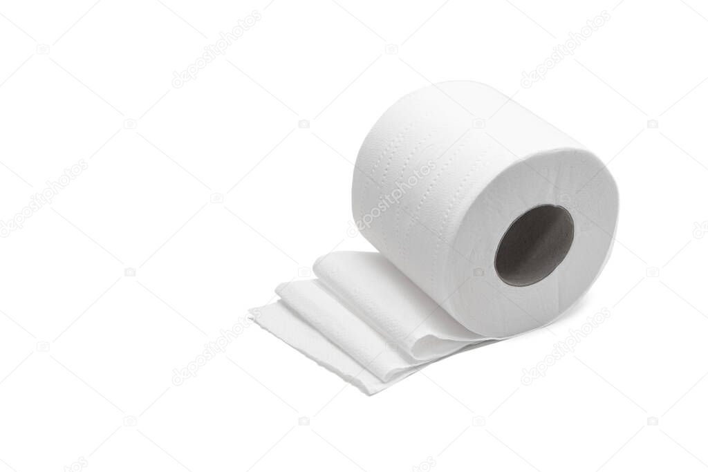 One roll of toilet paper on its side with unraveled sheets in folds. Isolated on white background.