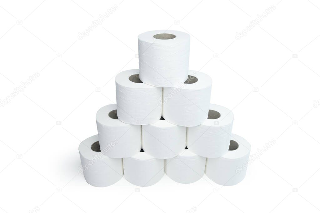 White toilet paper or toilet roll stacked in pyramid. Side view isolated on white background.