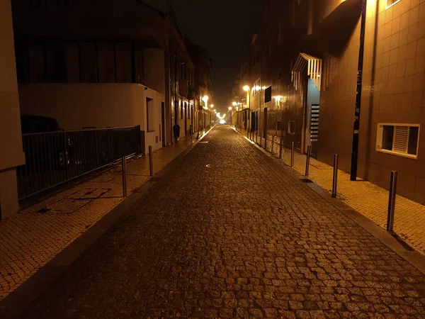 Long Dark Cobbled Portuguese Street Night Northern Portugal Lit Yellow — Stock Photo, Image