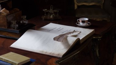 Antika, antika tüy kalem. Kitap ve mürekkep de eski yazı masasına..