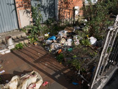 Dublin İrlanda 'da terk edilmiş, harap olmuş bir evin bahçesine atılmış çöp, çöp ve ev atıkları. Yasadışı boşaltma sorunu..