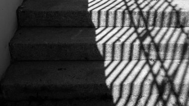 Eski taş basamakların siyah beyaz görüntüsü. Çitlerden dökülen sert gölgeler.
