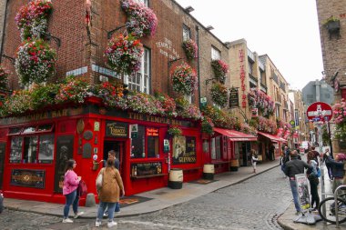 Dublin, İrlanda 'daki Temple Bar' da renkli İrlanda barları. Yazın aydınlık bir günde çiçekler sergileniyor.