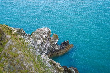 Yazın güneşli bir günde Wicklow, İrlanda 'daki kayalıkların eteklerinde kayalık, turkuaz mavisi İrlanda Denizi' ne doğru bakıyor.