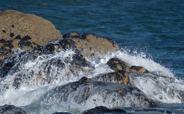 Okyanus Kıyısındaki Kayaların Üzerinden Süzülen Köpüklü Beyaz Dalgalara Yakın — Stok fotoğraf
