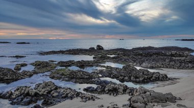 Karanlık çöktüğünde sahilde kayalık, okyanusun üzerinde ince kara bulutlar. Geniş açı.