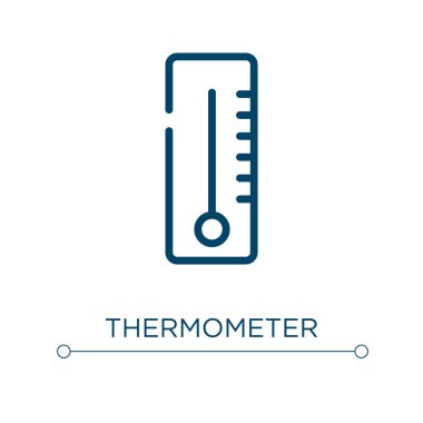 Termometre simgesi. Doğrusal vektör çizimi. Ana hatlı termometre ikon vektörü. Web ve mobil uygulamalarda kullanmak için ince çizgi sembolü, logo, yazdırma ortamı.