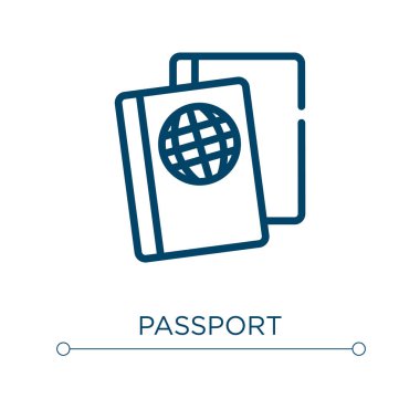Pasaport simgesi. Doğrusal vektör çizimi. Taslak pasaport ikon vektörü. Web ve mobil uygulamalarda kullanmak için ince çizgi sembolü, logo, yazdırma ortamı.