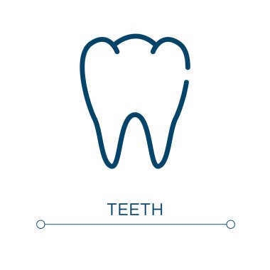 Diş ikonu. Doğrusal vektör çizimi. Ana hatlı diş ikonu vektörü. Web ve mobil uygulamalarda kullanmak için ince çizgi sembolü, logo, yazdırma ortamı.