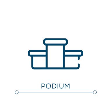 Podyum ikonu. Doğrusal vektör çizimi. Taslak podyum ikon vektörü. Web ve mobil uygulamalarda kullanmak için ince çizgi sembolü, logo, yazdırma ortamı.