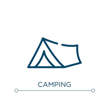 Kamp ikonu. Doğrusal vektör çizimi. Kamp ikonu vektörünü özetle. Web ve mobil uygulamalarda kullanmak için ince çizgi sembolü, logo, yazdırma ortamı.