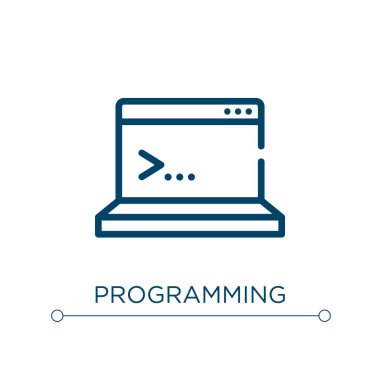 Simge programlanıyor. Doğrusal vektör çizimi. Taslak programlama simgesi vektörü. Web ve mobil uygulamalarda kullanmak için ince çizgi sembolü, logo, yazdırma ortamı.