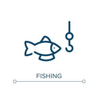 Balık ikonu. Doğrusal vektör çizimi. Taslak balıkçılık ikonu vektörü. Web ve mobil uygulamalarda kullanmak için ince çizgi sembolü, logo, yazdırma ortamı.