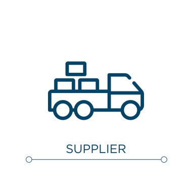 Tedarik ikonu. Doğrusal vektör çizimi. Taslak tedarikçi simgesi vektörü. Web ve mobil uygulamalarda kullanmak için ince çizgi sembolü, logo, yazdırma ortamı.