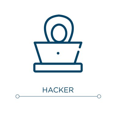 Hacker ikonu. Doğrusal vektör çizimi. Ana hatlı hacker ikon vektörü. Web ve mobil uygulamalarda kullanmak için ince çizgi sembolü, logo, yazdırma ortamı.