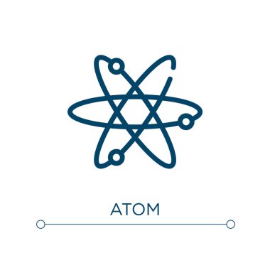 Atom simgesi. Doğrusal vektör çizimi. Taslak atom simgesi vektörü. Web ve mobil uygulamalarda kullanmak için ince çizgi sembolü, logo, yazdırma ortamı.