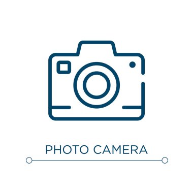 Fotoğraf makinesi simgesi. Doğrusal vektör çizimi. Görüntü kamerası ikon vektörünü çiz. Web ve mobil uygulamalarda kullanmak için ince çizgi sembolü, logo, yazdırma ortamı.