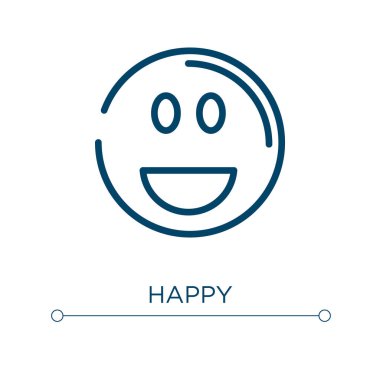 Mutlu ikonlar. Doğrusal vektör çizimi. Ana hatlarıyla mutlu ikon vektörü. Web ve mobil uygulamalarda kullanmak için ince çizgi sembolü, logo, yazdırma ortamı.