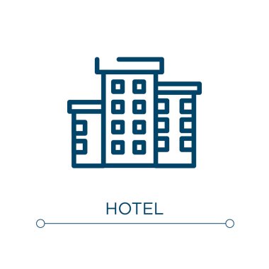 Otel ikonu. Doğrusal vektör çizimi. Ana hatlı otel ikon vektörü. Web ve mobil uygulamalarda kullanmak için ince çizgi sembolü, logo, yazdırma ortamı.