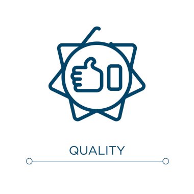 Kalite simgesi. Doğrusal vektör çizimi. Taslak kalite simge vektörü. Web ve mobil uygulamalarda kullanmak için ince çizgi sembolü, logo, yazdırma ortamı.