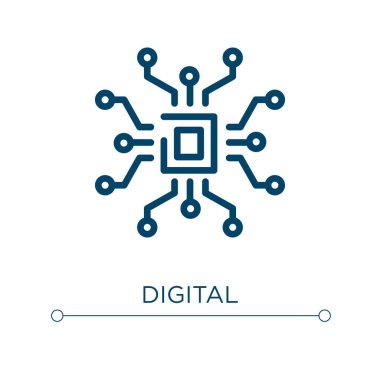Dijital simge. Doğrusal vektör çizimi. Ana hatlı dijital simge vektörü. Web ve mobil uygulamalarda kullanmak için ince çizgi sembolü, logo, yazdırma ortamı.