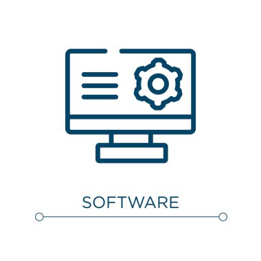 Yazılım simgesi. Doğrusal vektör çizimi. Ana hatlı yazılım simgesi vektörü. Web ve mobil uygulamalarda kullanmak için ince çizgi sembolü, logo, yazdırma ortamı.