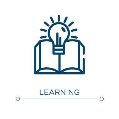 Simge öğreniliyor. Doğrusal vektör çizimi. Ana hatlı öğrenme simgesi vektörü. Web ve mobil uygulamalarda kullanmak için ince çizgi sembolü, logo, yazdırma ortamı.