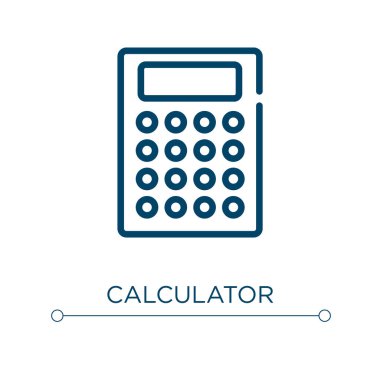 Hesap makinesi simgesi. Doğrusal vektör çizimi. Taslak hesap makinesi simgesi vektörünü çiz. Web ve mobil uygulamalarda kullanmak için ince çizgi sembolü, logo, yazdırma ortamı.
