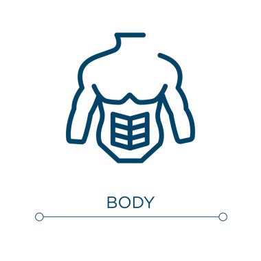 Vücut simgesi. Doğrusal vektör çizimi. Taslak vücut simgesi vektörü. Web ve mobil uygulamalarda kullanmak için ince çizgi sembolü, logo, yazdırma ortamı.