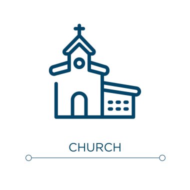 Kilise ikonu. Doğrusal vektör çizimi. Kilise ikon vektörünü özetle. Web ve mobil uygulamalarda kullanmak için ince çizgi sembolü, logo, yazdırma ortamı.