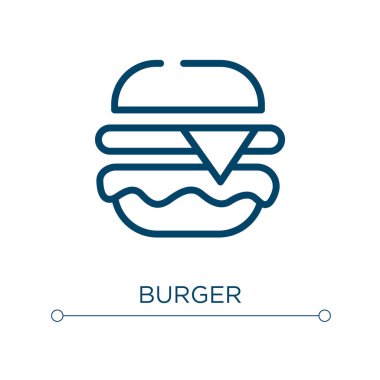 Burger ikonu. Doğrusal vektör çizimi. Çizgi burger ikonu vektörü. Web ve mobil uygulamalarda kullanmak için ince çizgi sembolü, logo, yazdırma ortamı.