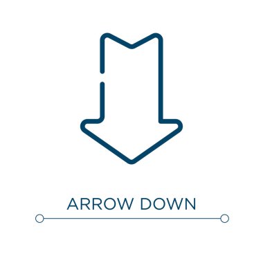 Ok aşağı simge. Doğrusal vektör çizimi. Taslak ok aşağı simge vektörü. Web ve mobil uygulamalarda kullanmak için ince çizgi sembolü, logo, yazdırma ortamı.