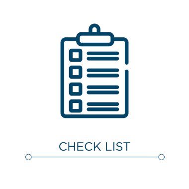 Liste simgesi. Doğrusal vektör çizimi. Taslak kontrol listesi simgesi vektörü. Web ve mobil uygulamalarda kullanmak için ince çizgi sembolü, logo, yazdırma ortamı.