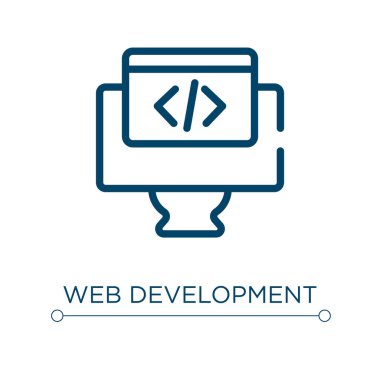 Web geliştirme simgesi. Doğrusal vektör çizimi. Ana hatlı ağ geliştirme ikonu vektörü. Web ve mobil uygulamalarda kullanmak için ince çizgi sembolü, logo, yazdırma ortamı.