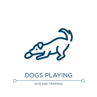 Köpekler ikonu oynuyor. Köpek ve eğitim koleksiyonundan doğrusal vektör çizimi. Taslak köpekler ikon vektörünü oynuyorlar. Web ve mobil uygulamalarda kullanmak için ince çizgi sembolü, logo, yazdırma ortamı.