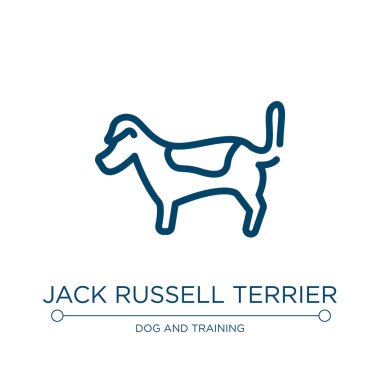 Jack Russell Terrier ikonu. Köpekten gelen doğrusal vektör illüstrasyonu tüm vücut koleksiyonunu üretir. Jack Russell Terrier ikon vektörünü özetle. Web ve mobil uygulamalarda kullanmak için ince çizgi sembolü, logo, yazdırma ortamı.