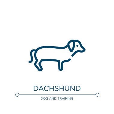Dachshund ikonu. Köpekten gelen doğrusal vektör illüstrasyonu tüm vücut koleksiyonunu üretir. Taslak dachshund ikon vektörü. Web ve mobil uygulamalarda kullanmak için ince çizgi sembolü, logo, yazdırma ortamı.