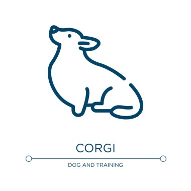 Corgi ikonu. Köpekten gelen doğrusal vektör illüstrasyonu tüm vücut koleksiyonunu üretir. Taslak korgi simgesi vektörü. Web ve mobil uygulamalarda kullanmak için ince çizgi sembolü, logo, yazdırma ortamı.