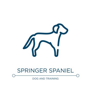 Springer spanyel ikonu. Köpekten gelen doğrusal vektör illüstrasyonu tüm vücut koleksiyonunu üretir. Ana springer spanyel ikon vektörü. Web ve mobil uygulamalarda kullanmak için ince çizgi sembolü, logo, yazdırma ortamı.