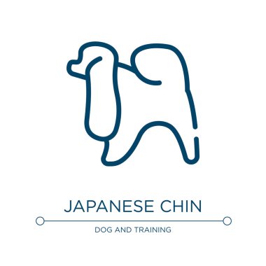 Japon çene simgesi. Köpekten gelen doğrusal vektör illüstrasyonu tüm vücut koleksiyonunu üretir. Ana hatlarıyla Japon çene ikonu vektörü. Web ve mobil uygulamalarda kullanmak için ince çizgi sembolü, logo, yazdırma ortamı.