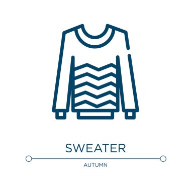 Süveter ikonu. Sonbahar koleksiyonundan doğrusal vektör çizimi. Taslak süveter ikonu vektörü. Web ve mobil uygulamalarda kullanmak için ince çizgi sembolü, logo, yazdırma ortamı.
