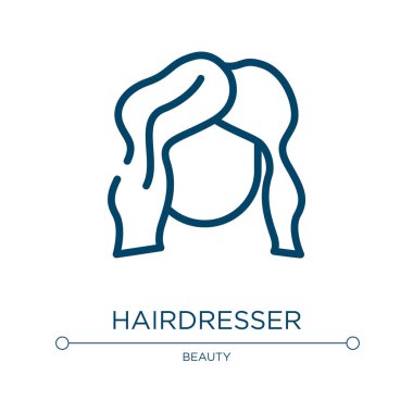 Kuaför ikonu. Güzellik ve kaplıca koleksiyonundan doğrusal vektör çizimi. Taslak kuaför ikon vektörü. Web ve mobil uygulamalarda kullanmak için ince çizgi sembolü, logo, yazdırma ortamı.