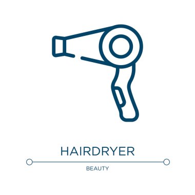 Saç kurutma ikonu. Sauna koleksiyonundan doğrusal vektör çizimi. Taslak saç kurutma ikonu vektörü. Web ve mobil uygulamalarda kullanmak için ince çizgi sembolü, logo, yazdırma ortamı.