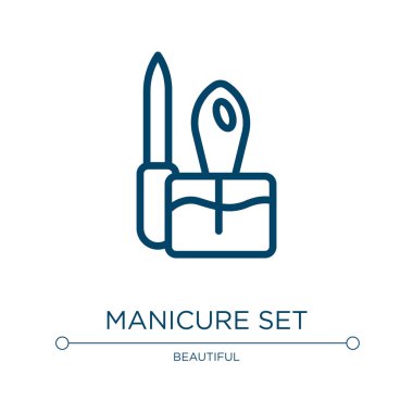 Manikür seti simgesi. Güzel bir koleksiyondan doğrusal vektör çizimi. Taslak manikür ikon vektörü. Web ve mobil uygulamalarda kullanmak için ince çizgi sembolü, logo, yazdırma ortamı.