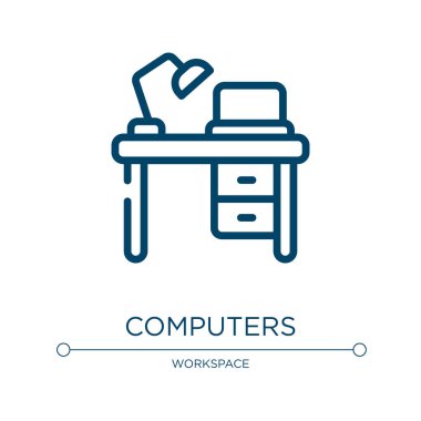 Bilgisayarlar simgesi. Bitcoin koleksiyonundan doğrusal vektör çizimi. Ana hatlı bilgisayar simgesi vektörü. Web ve mobil uygulamalarda kullanmak için ince çizgi sembolü, logo, yazdırma ortamı.