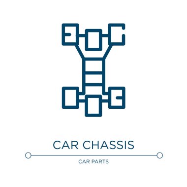 Araba şasisi simgesi. Araba parçaları koleksiyonundan doğrusal vektör çizimi. Ana hatlı araba şasisi ikon vektörü. Web ve mobil uygulamalarda kullanmak için ince çizgi sembolü, logo, yazdırma ortamı.