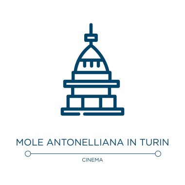 Turin ikonunda Köstebek Antonelliana. Sinema koleksiyonundan doğrusal vektör çizimi. Turin ikon vektöründe mol antonelliana ana ana hatları. Web ve mobil uygulamalarda kullanmak için ince çizgi sembolü, logo, yazdırma ortamı.