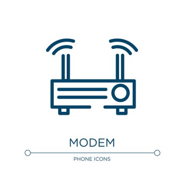 Modem simgesi. İletişim koleksiyonundan doğrusal vektör çizimi. Taslak modem simge vektörü. Web ve mobil uygulamalarda kullanmak için ince çizgi sembolü, logo, yazdırma ortamı.